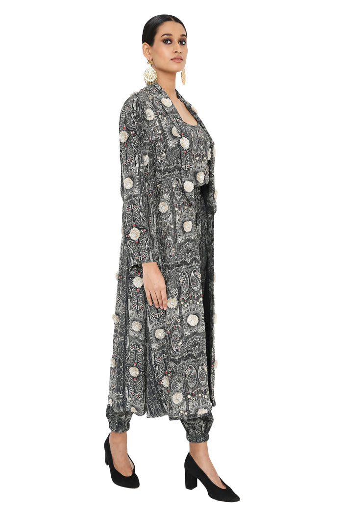 Asma Printed Long Blazer Jacket With Camisole And Jogger Pants