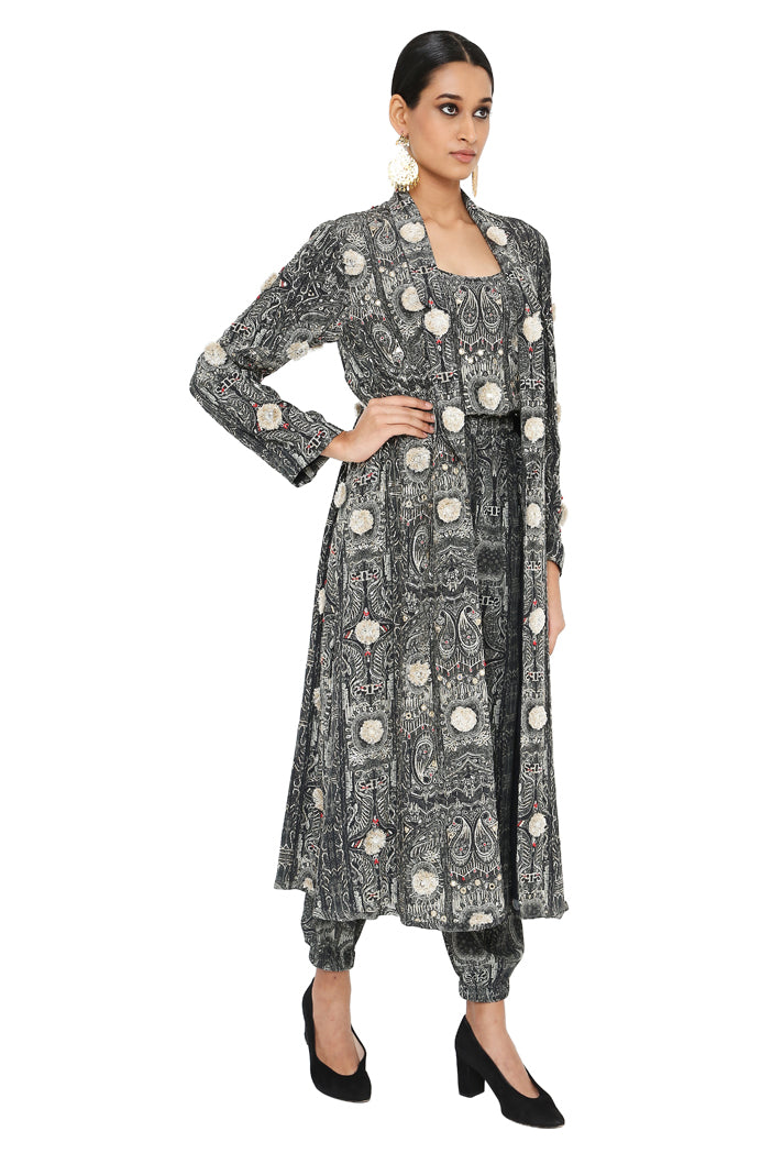 Asma Printed Long Blazer Jacket With Camisole And Jogger Pants