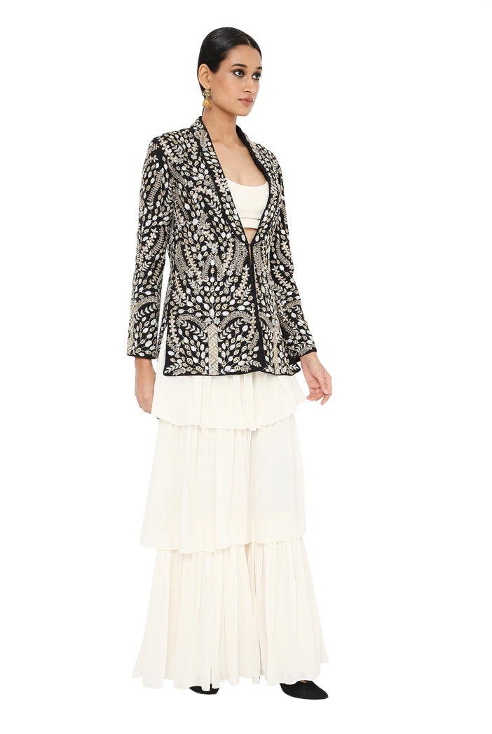 Zuma Black Colour Embroidered Jacket With Off White Colour Bustier And Frill Sharara