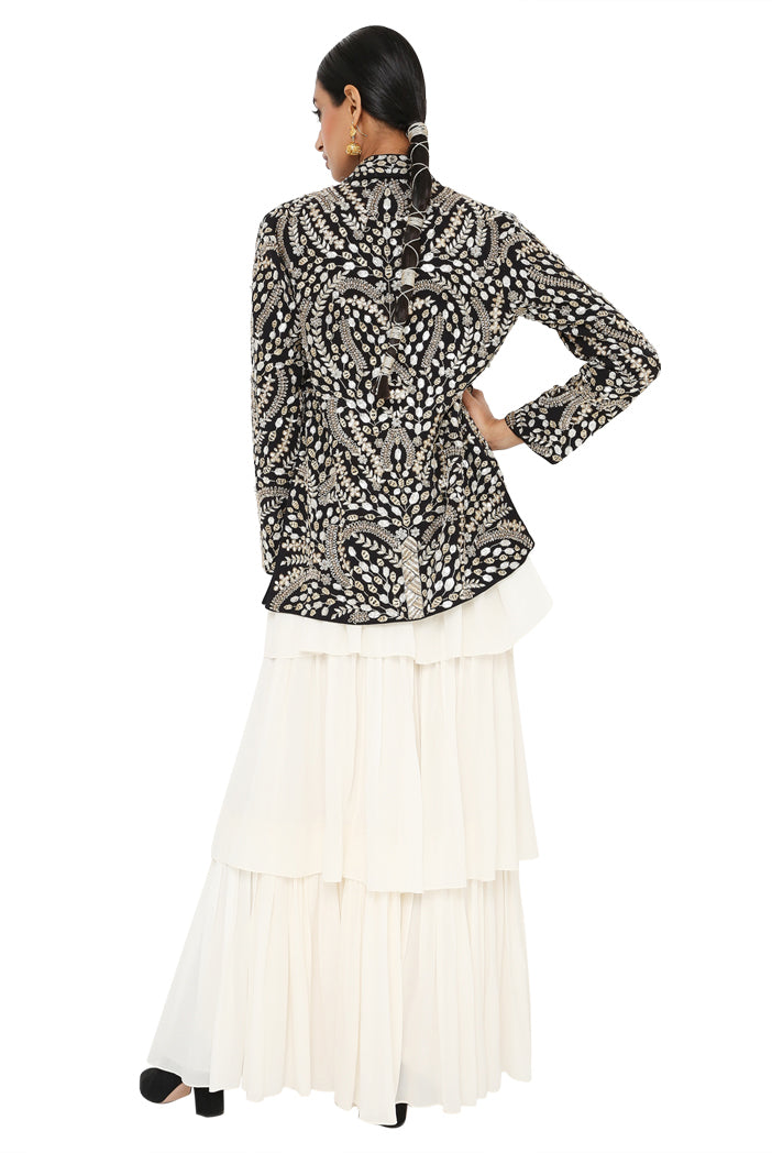 Zuma Black Colour Embroidered Jacket With Off White Colour Bustier And Frill Sharara