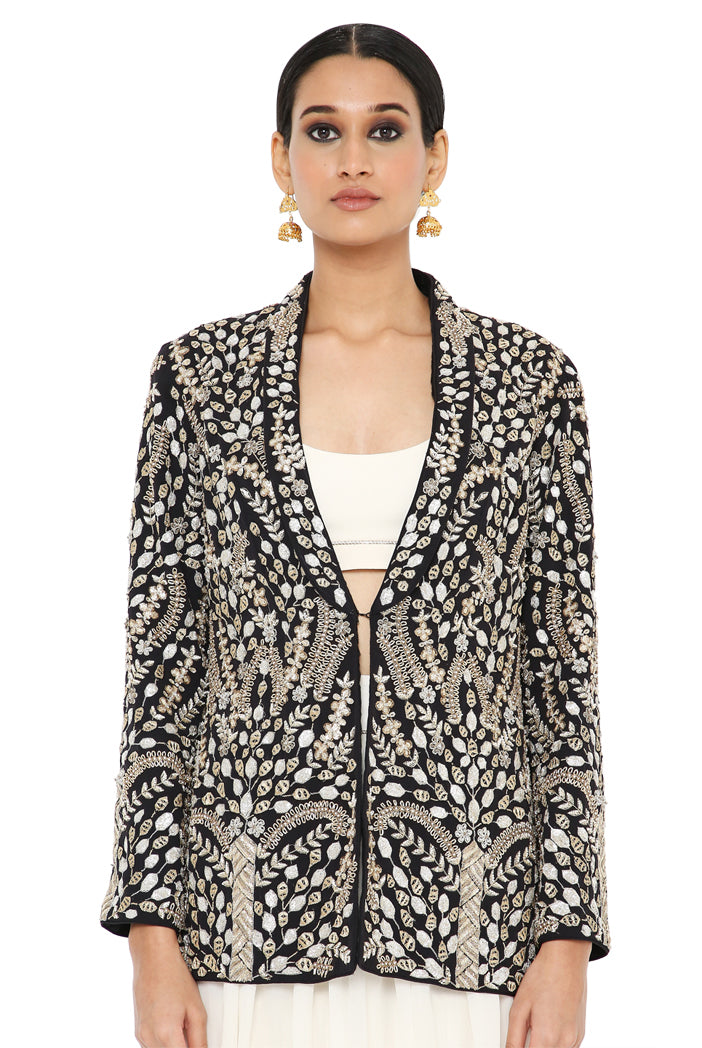 Zuma Black Colour Embroidered Jacket With Off White Colour Bustier And Frill Sharara