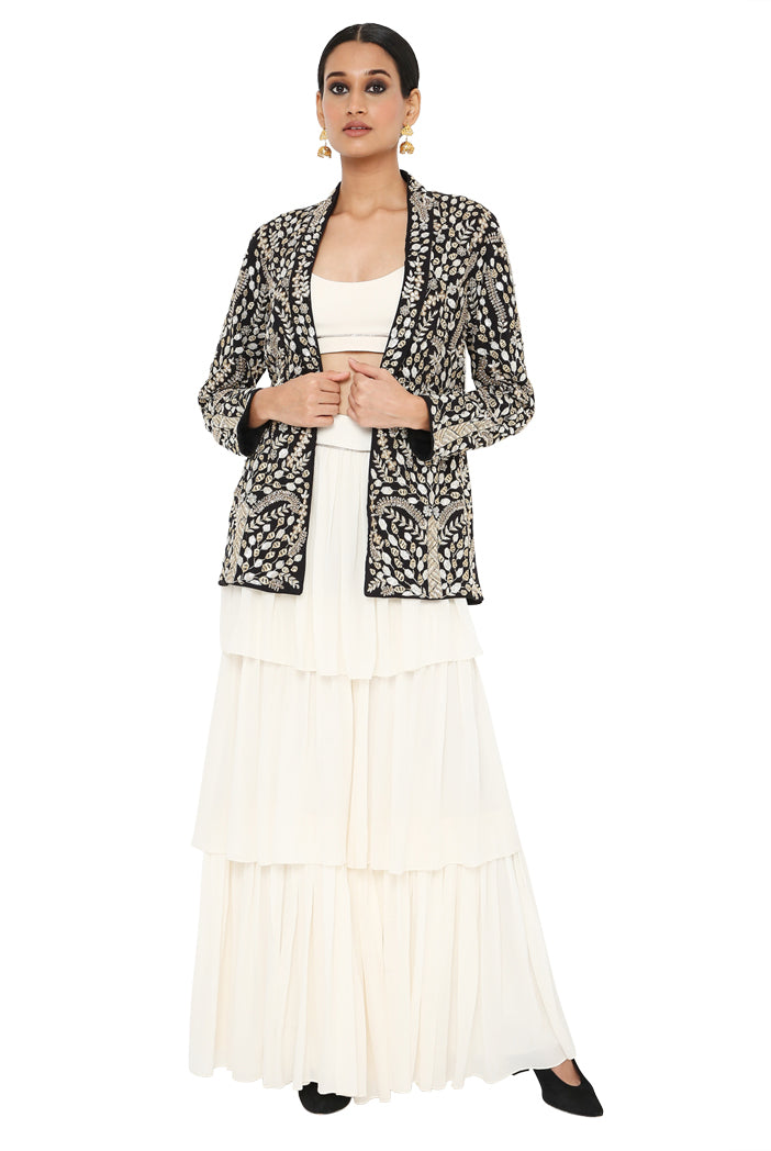 Zuma Black Colour Embroidered Jacket With Off White Colour Bustier And Frill Sharara