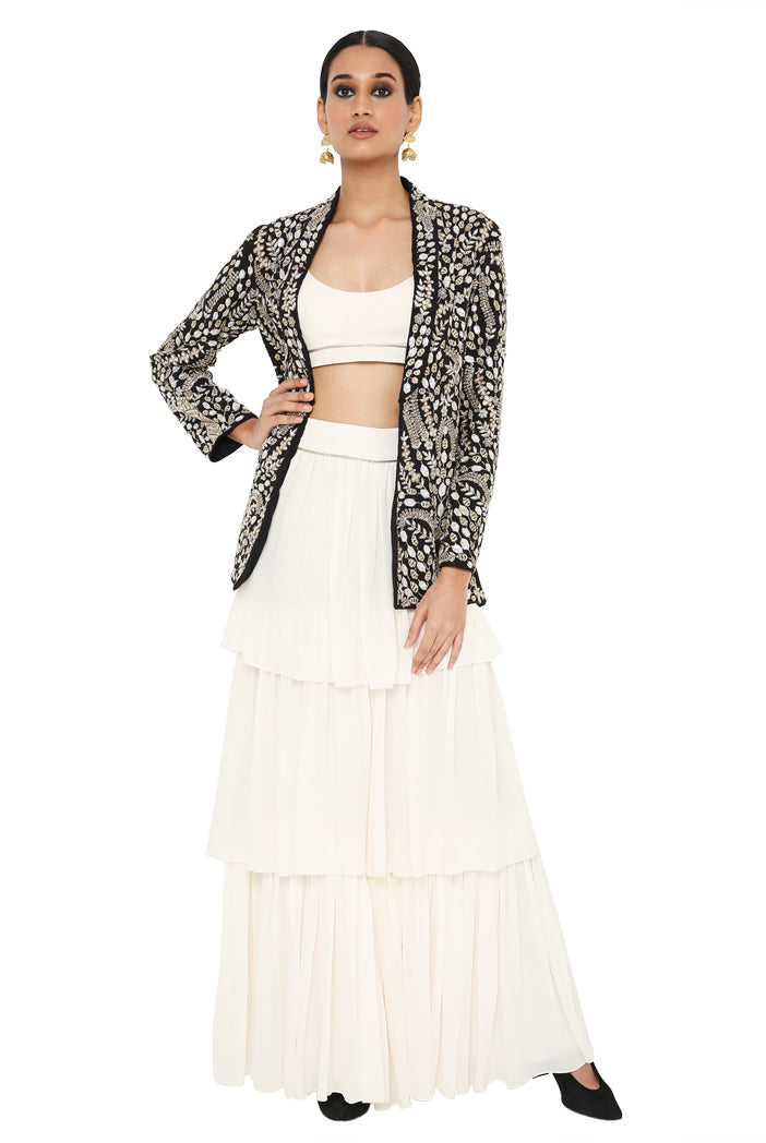 Zuma Black Colour Embroidered Jacket With Off White Colour Bustier And Frill Sharara