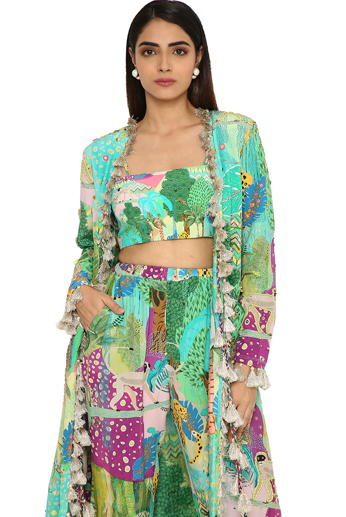 Insha Kuno Print Crepe Embroidered Jacket With Bustier And Jogger Pants