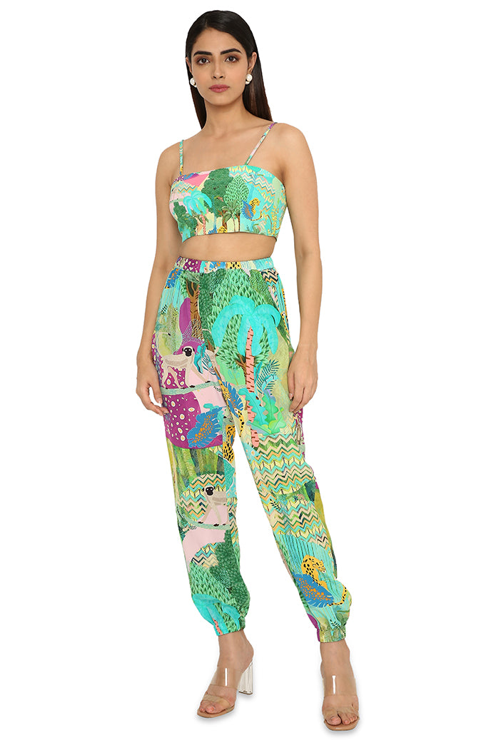 Insha Kuno Print Crepe Embroidered Jacket With Bustier And Jogger Pants