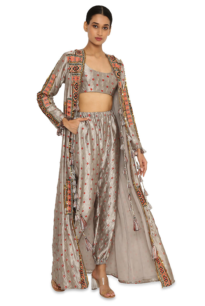 Hana Grey Colour Bandhani Silk Embroidered Jacket With Bustier And Jogger Pants