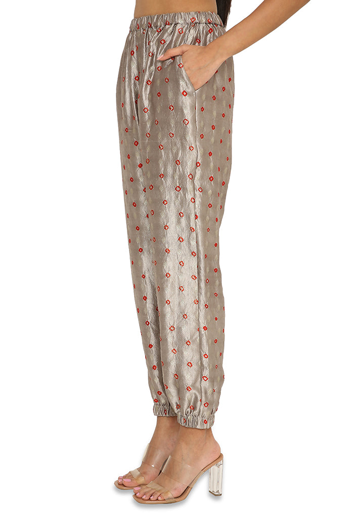 Hana Grey Colour Bandhani Silk Embroidered Jacket With Bustier And Jogger Pants