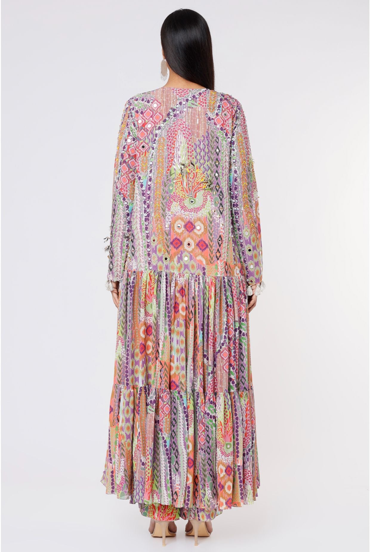 African Print Georgette Embroidered Frill Jacket With Crepe Two Layer Top And Palazzo