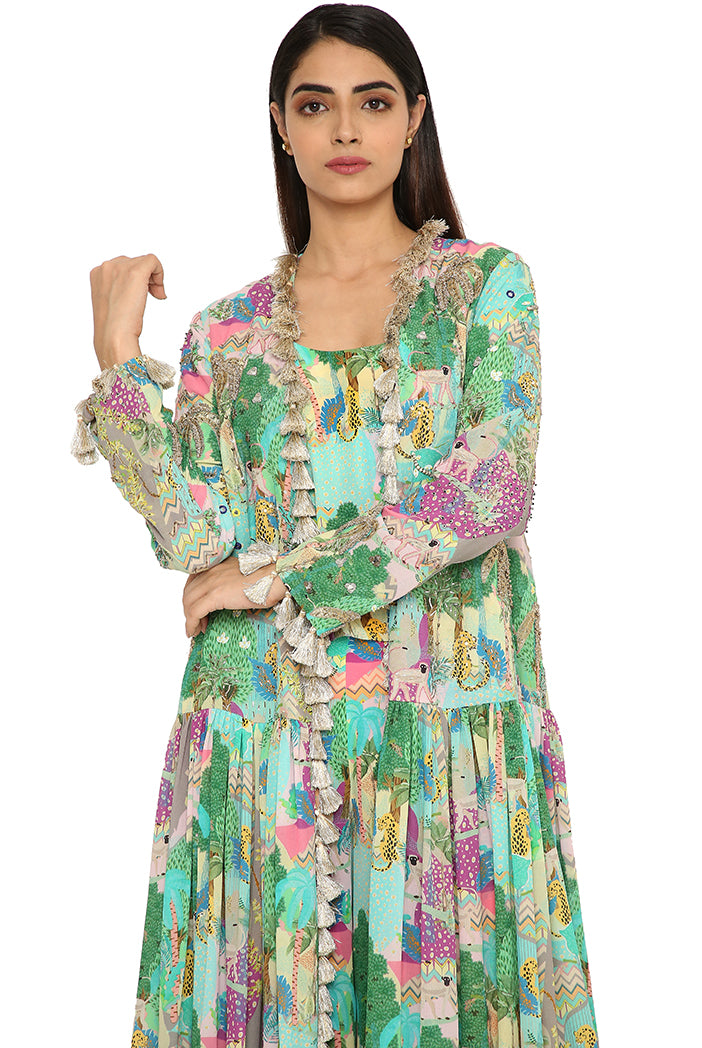 Qamar Grey Printed Georgette Embroidered Frill Jacket With Peach Printed Crepe Two Layer Top And Palazzo
