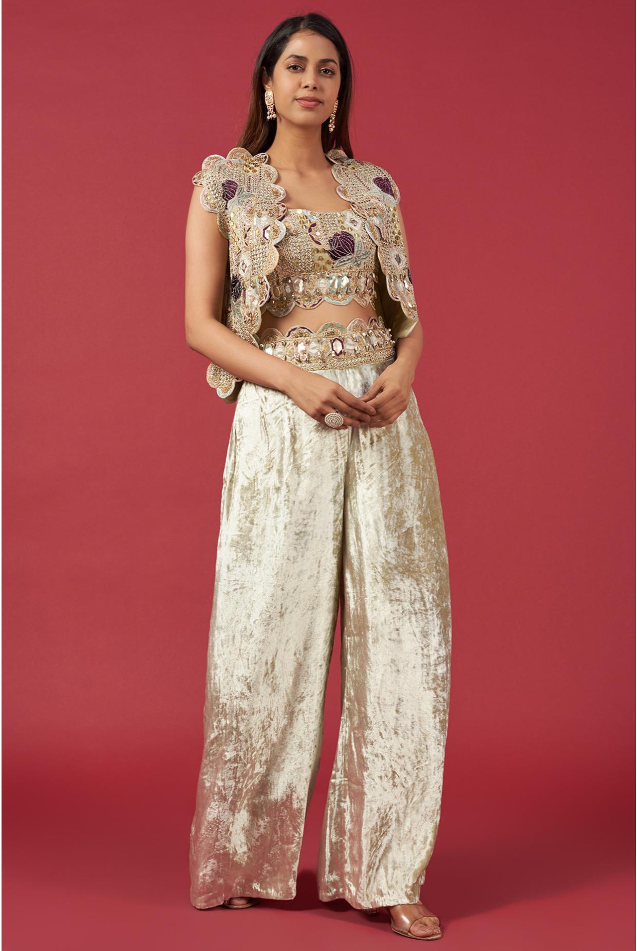 Mint Embroidered Scallop Jacket & Front Embroidered Bustier With Palazzo Pant