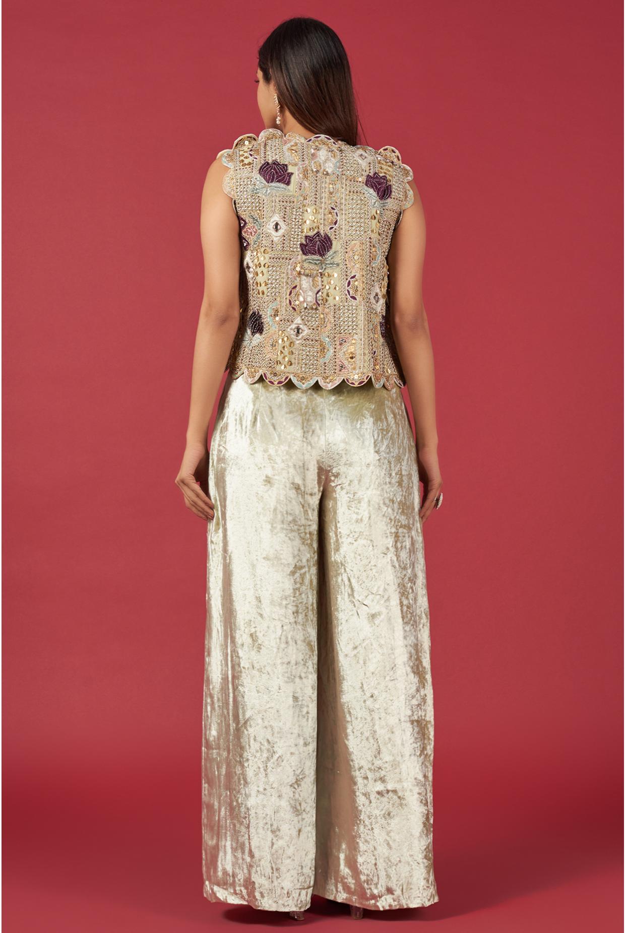Mint Embroidered Scallop Jacket & Front Embroidered Bustier With Palazzo Pant