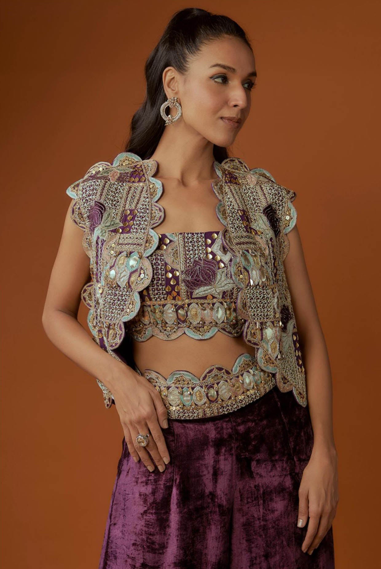 Purple Embroidered Scallop Jacket With Front Embroidered Bustier And Velvet Palazzo