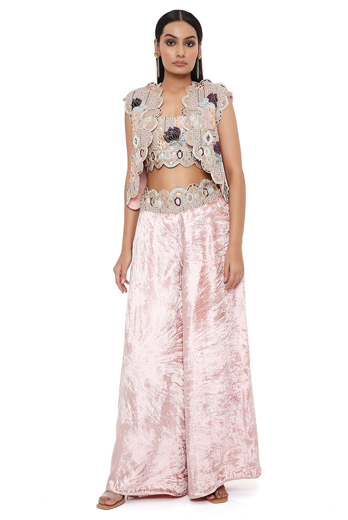 Jiya Rose Pink Georgette Embroidered Scalloped Edge Jacket With Front Embroidered Bustier And Velvet Palazzo