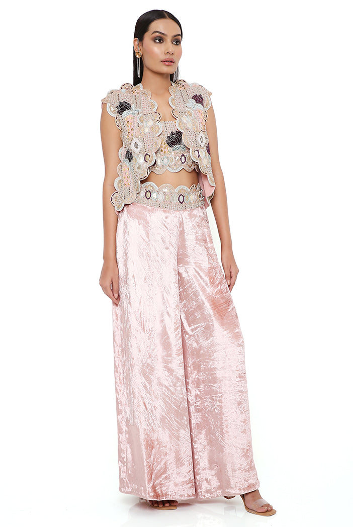 Jiya Rose Pink Georgette Embroidered Scalloped Edge Jacket With Front Embroidered Bustier And Velvet Palazzo