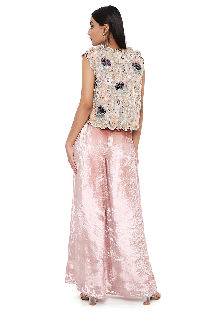Jiya Rose Pink Georgette Embroidered Scalloped Edge Jacket With Front Embroidered Bustier And Velvet Palazzo
