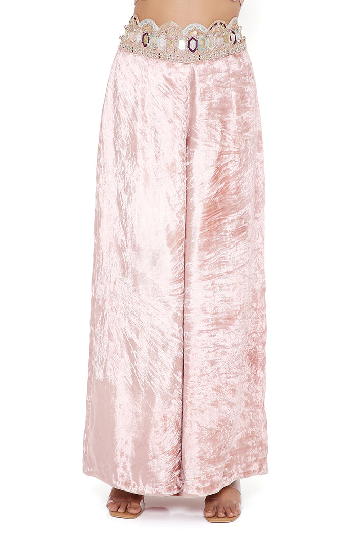 Jiya Rose Pink Georgette Embroidered Scalloped Edge Jacket With Front Embroidered Bustier And Velvet Palazzo