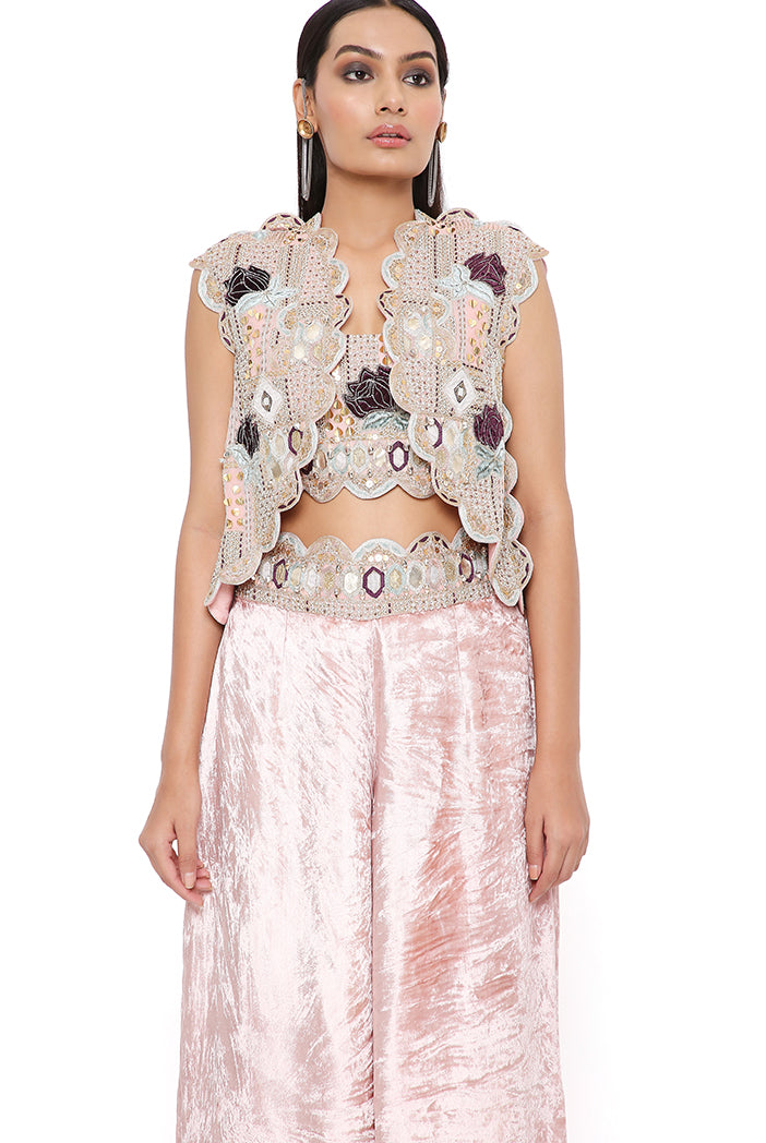 Jiya Rose Pink Georgette Embroidered Scalloped Edge Jacket With Front Embroidered Bustier And Velvet Palazzo
