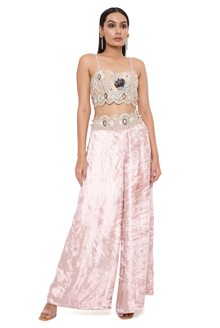 Jiya Rose Pink Georgette Embroidered Scalloped Edge Jacket With Front Embroidered Bustier And Velvet Palazzo