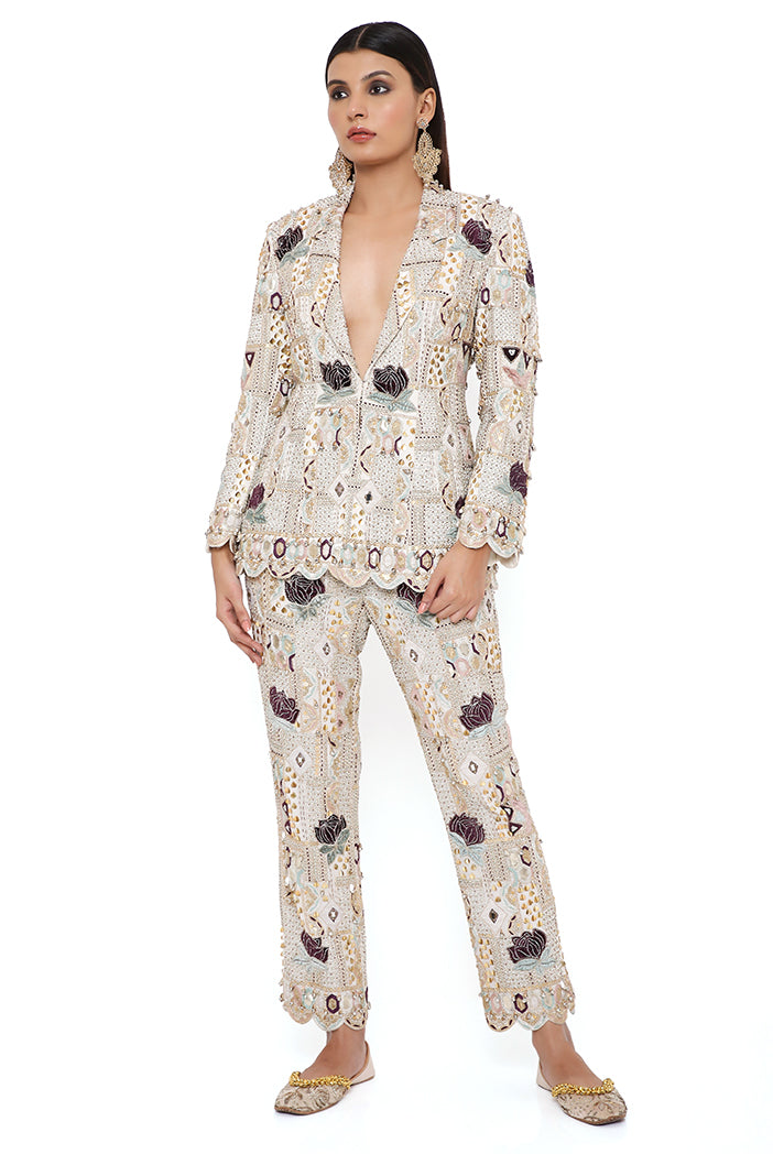 Anaka Off White Georgette Embroidered Blazer And Pant