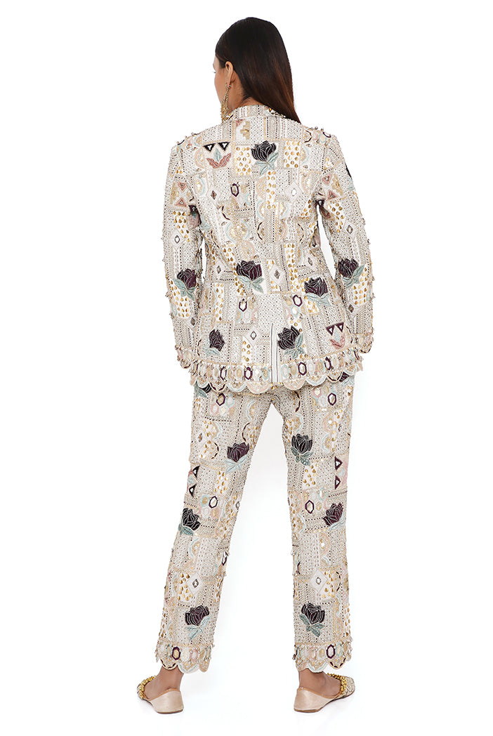 Anaka Off White Georgette Embroidered Blazer And Pant