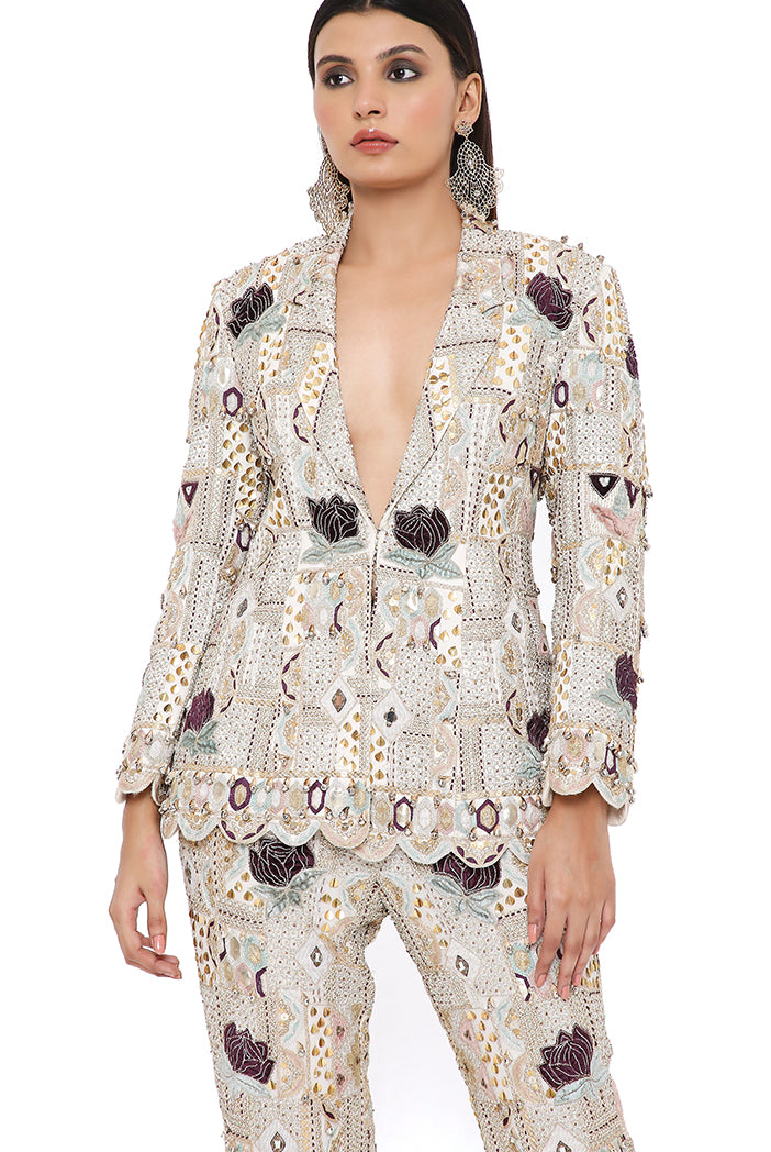 Anaka Off White Georgette Embroidered Blazer And Pant