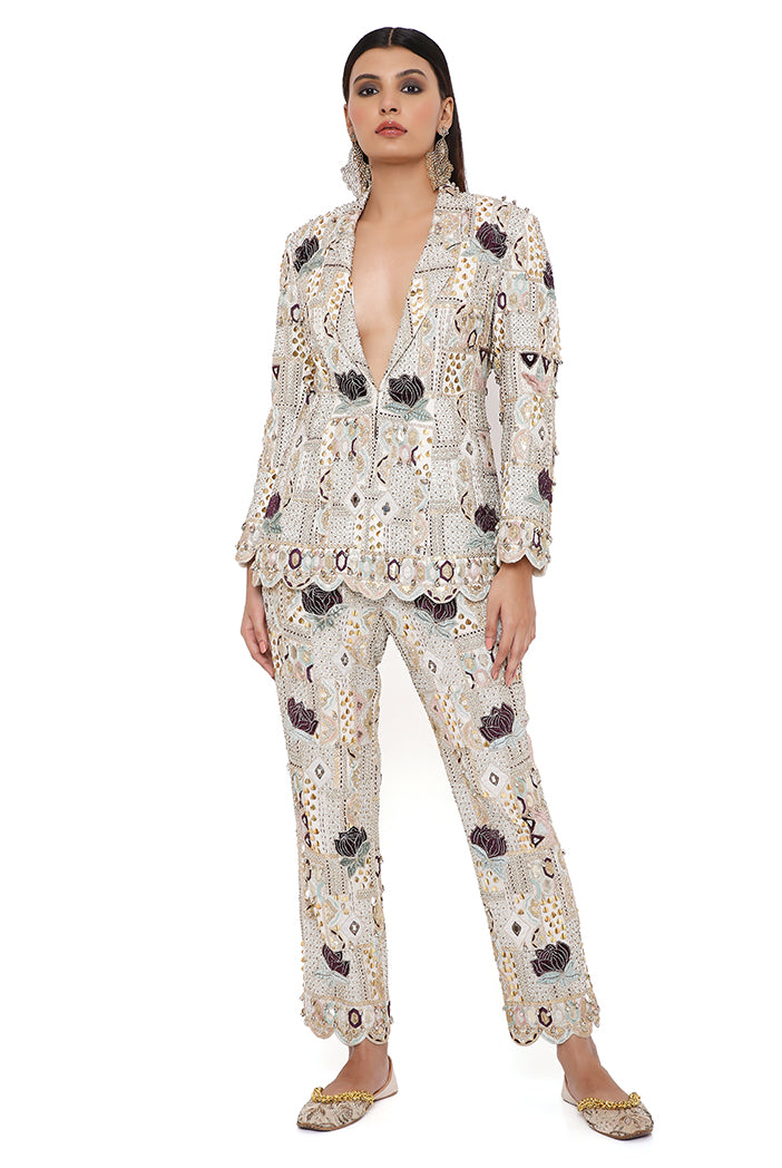 Anaka Off White Georgette Embroidered Blazer And Pant
