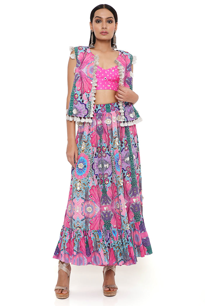 Amalie Pink Bandhani Silk Embroidered Bustier With Pink Enchanted Print Crepe Embroidered Jacket And Skirt