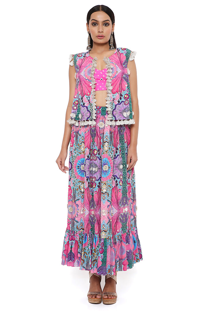 Amalie Pink Bandhani Silk Embroidered Bustier With Pink Enchanted Print Crepe Embroidered Jacket And Skirt