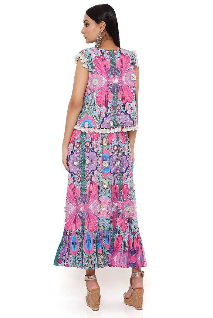 Amalie Pink Bandhani Silk Embroidered Bustier With Pink Enchanted Print Crepe Embroidered Jacket And Skirt