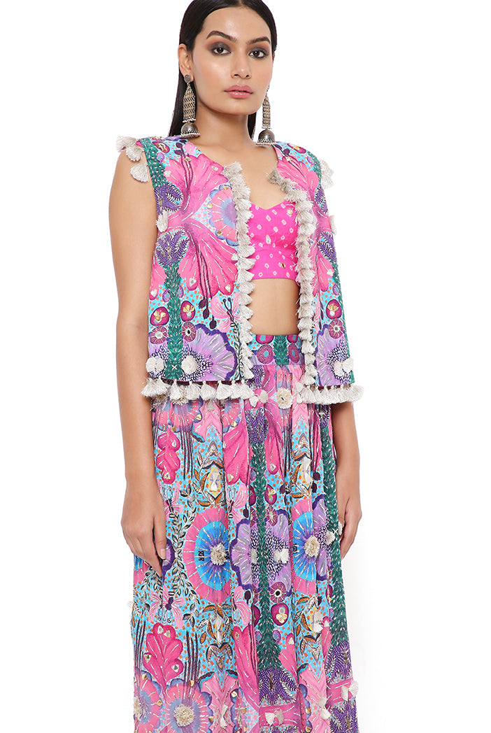 Amalie Pink Bandhani Silk Embroidered Bustier With Pink Enchanted Print Crepe Embroidered Jacket And Skirt