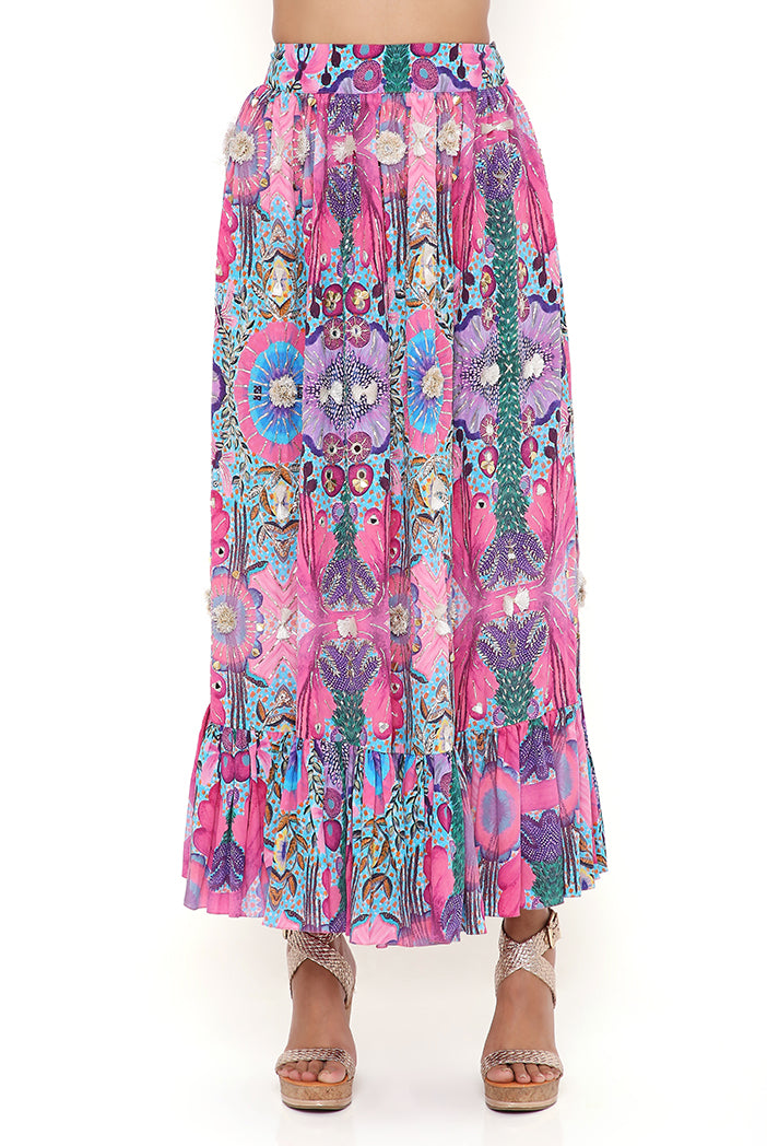 Amalie Pink Bandhani Silk Embroidered Bustier With Pink Enchanted Print Crepe Embroidered Jacket And Skirt