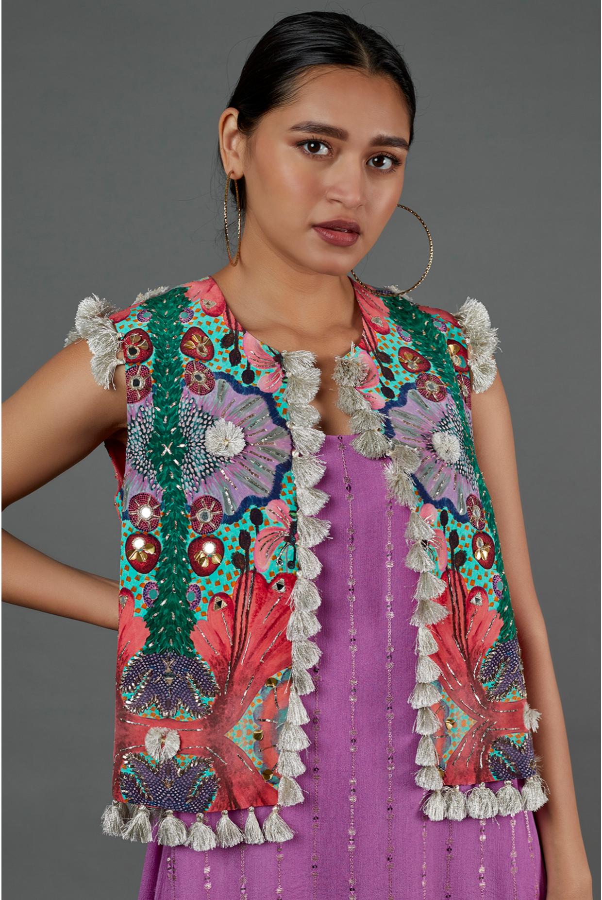 Lilac Sequin High Low Kurta With Jogger Pants & Embroidered Jacket