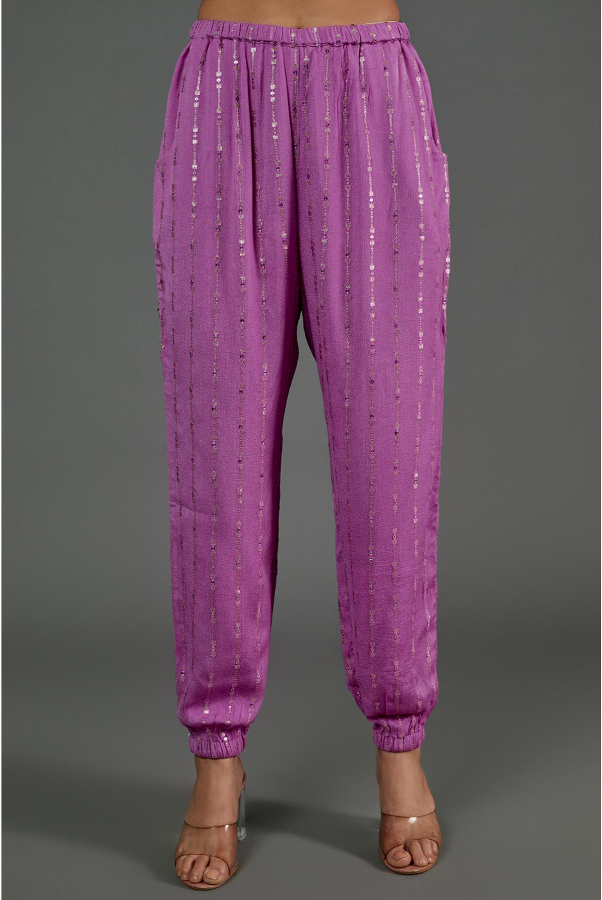 Lilac Sequin High Low Kurta With Jogger Pants & Embroidered Jacket