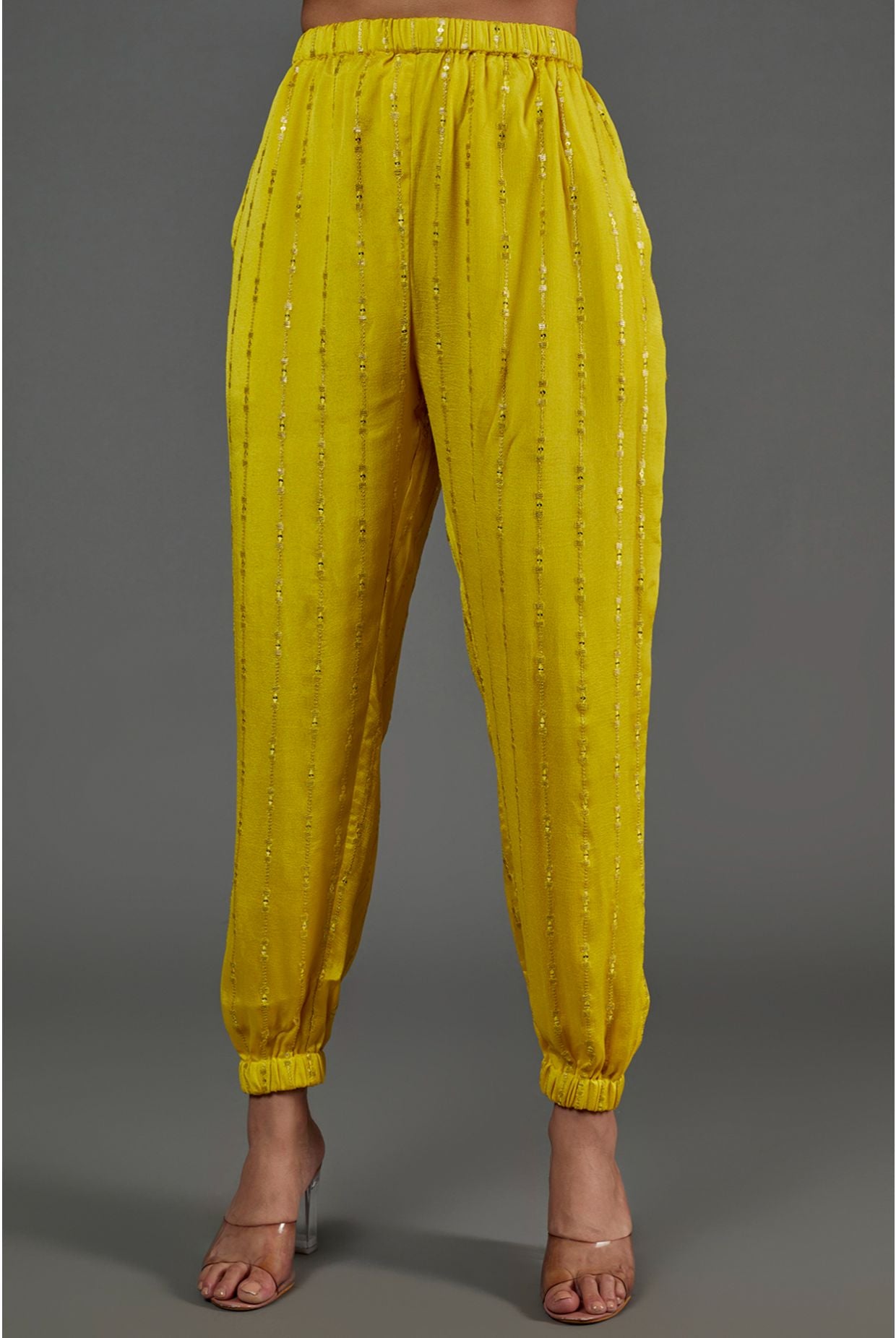 Yellow Sequins Georgette High Low Kurta And Jogger Pant With Yellow Enchanted Print Crepe Embroidered Jacket