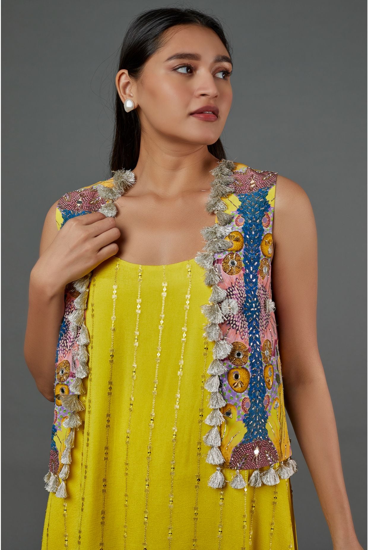 Yellow Sequins Georgette High Low Kurta And Jogger Pant With Yellow Enchanted Print Crepe Embroidered Jacket