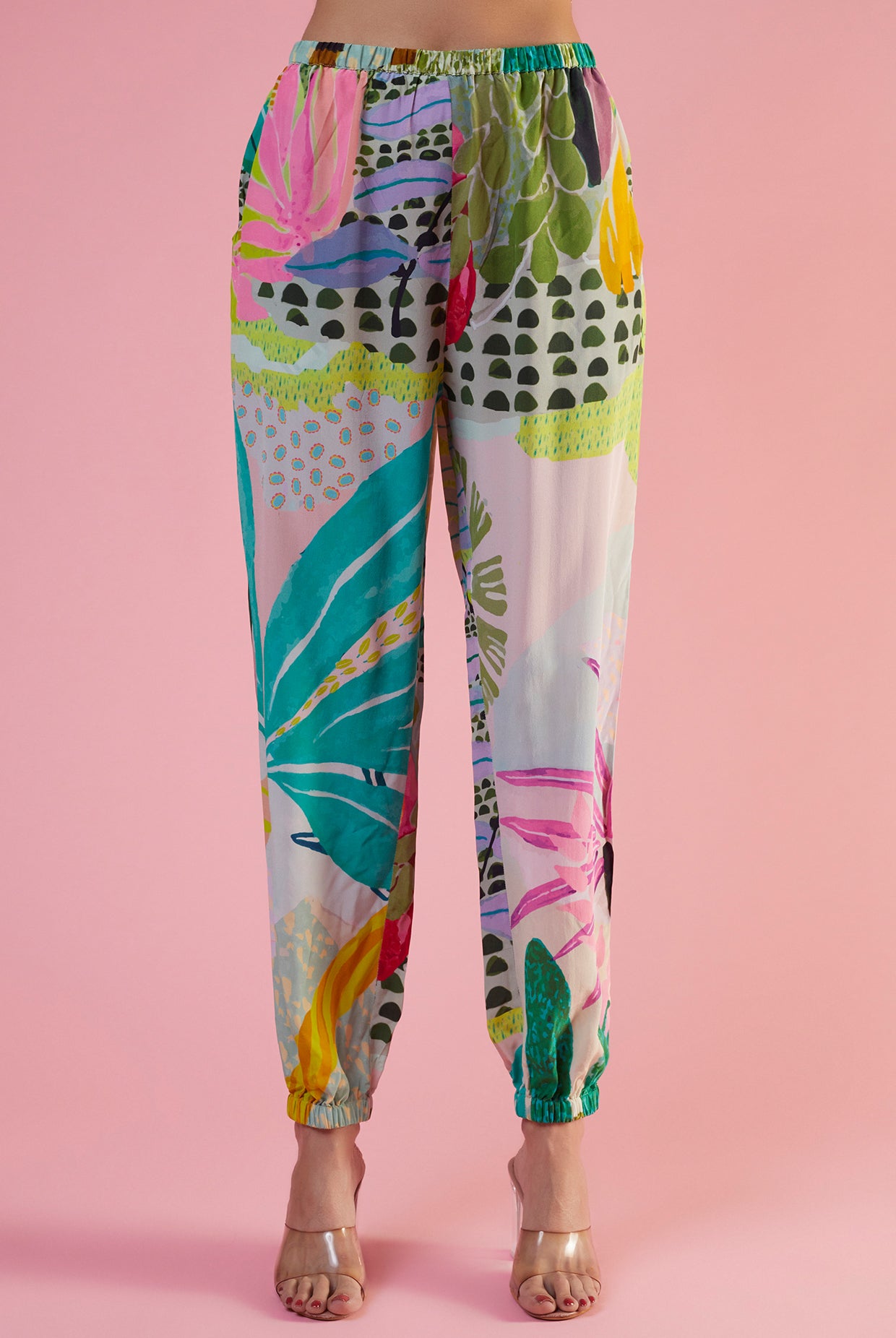 Green Tropical Printed Crepe High Low Kurta And Jogger Pant With Embroidered Jacket
