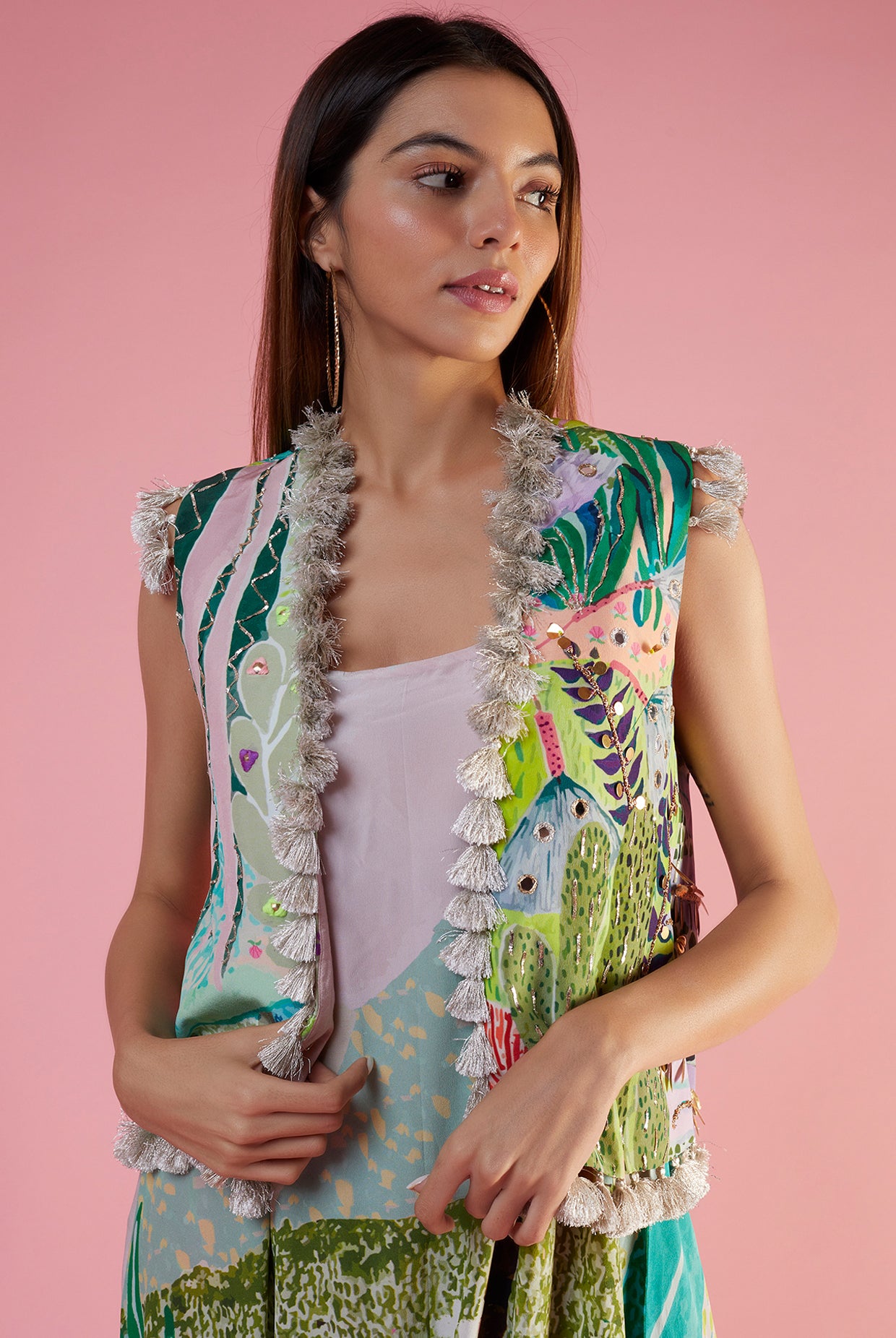 Green Tropical Printed Crepe High Low Kurta And Jogger Pant With Embroidered Jacket