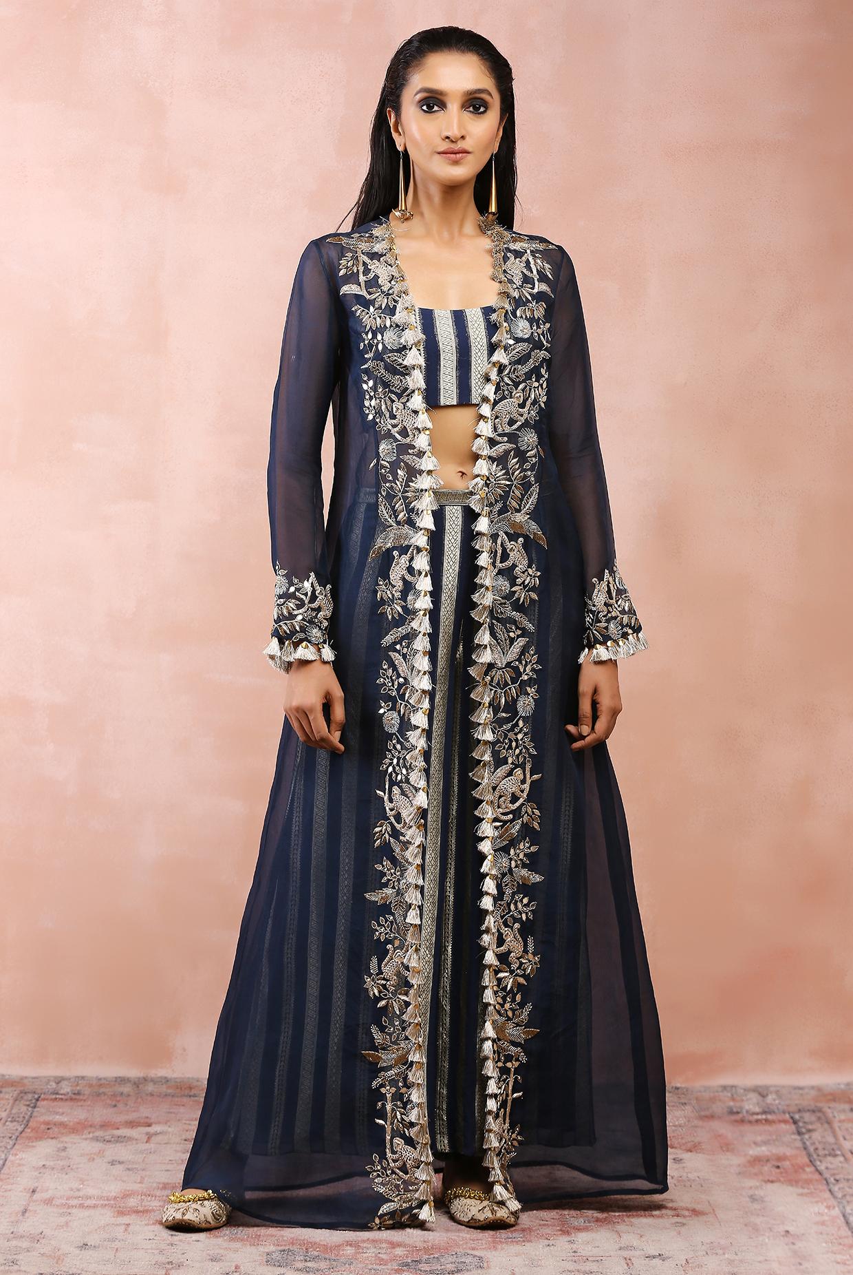 Navy Embroidered Jacket With Bustier And Pallazo Pant