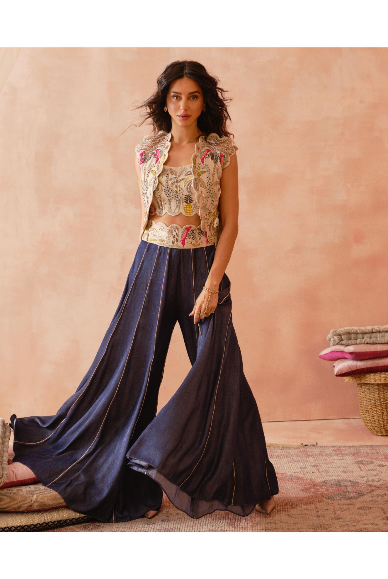 Stone Embroidered Jacket And  Bustier With Denim Sharara