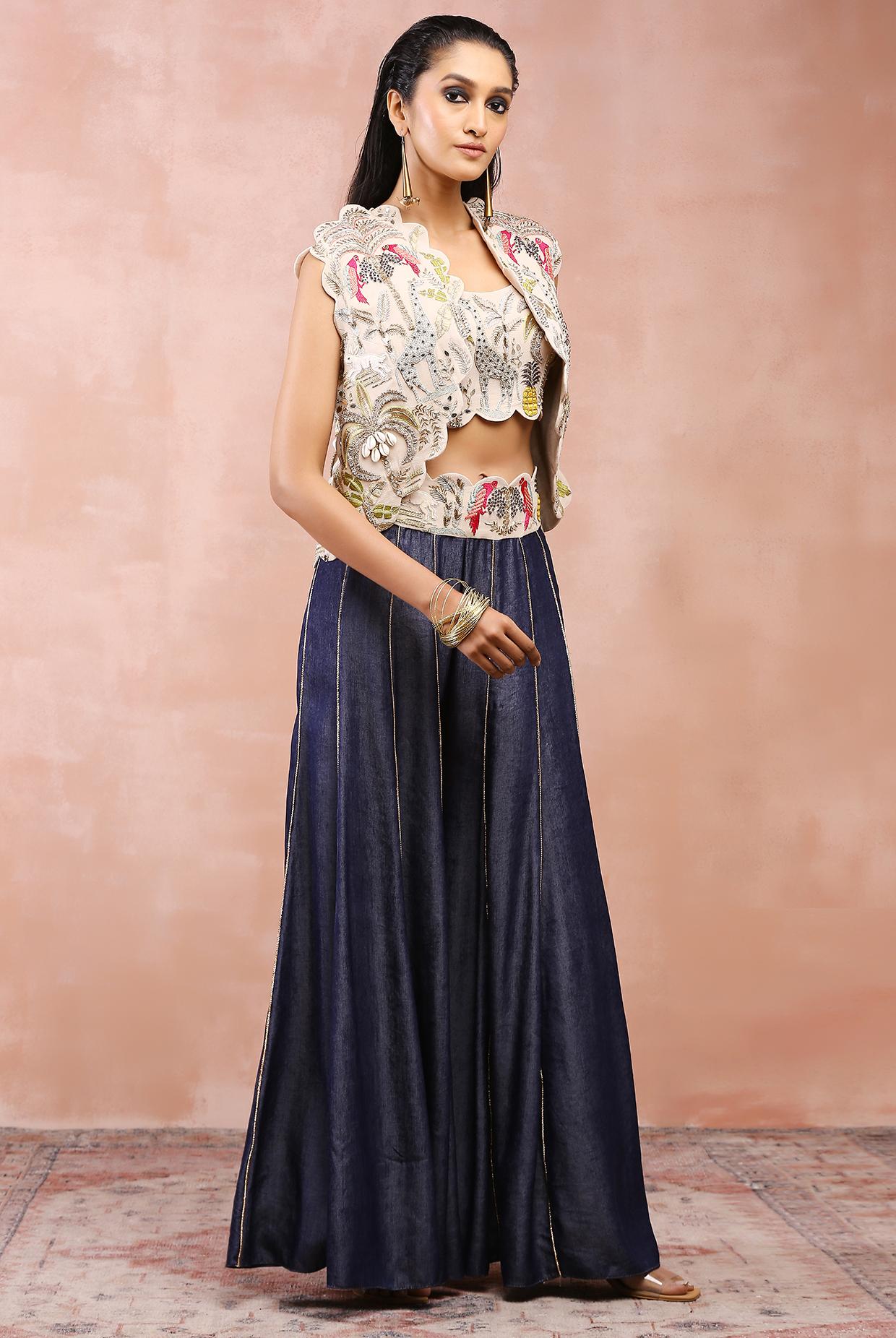 Stone Embroidered Jacket And Bustier With Denim Sharara