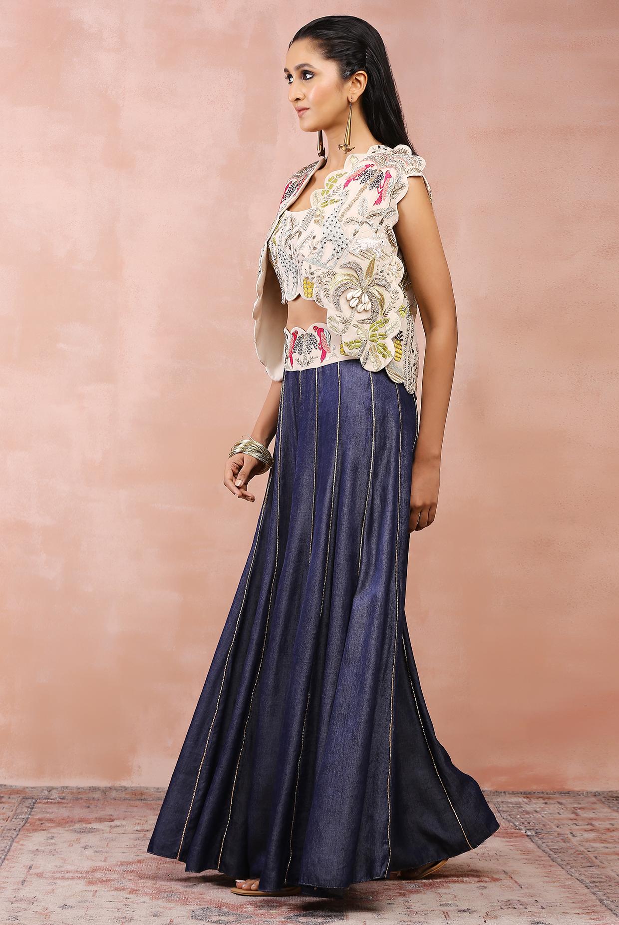 Stone Embroidered Jacket And Bustier With Denim Sharara