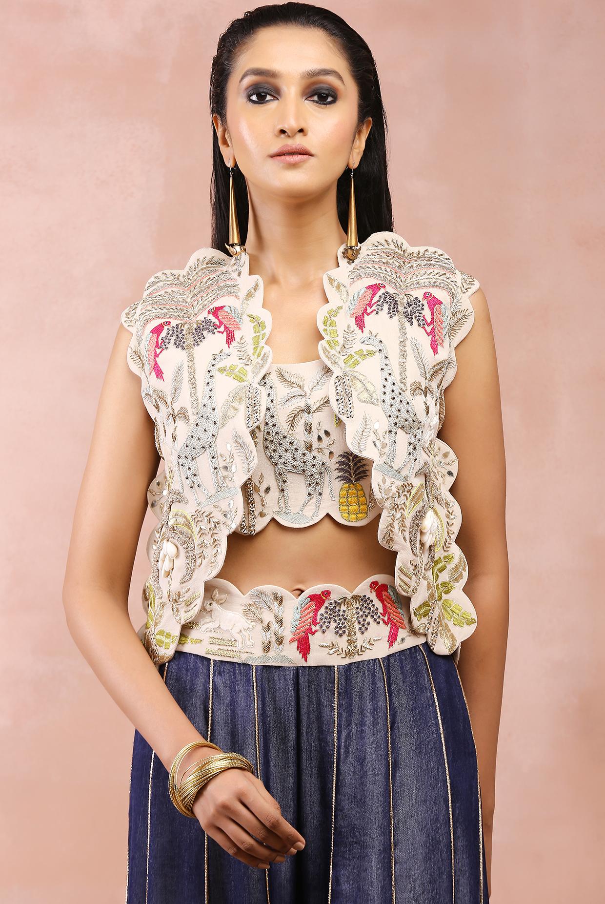 Stone Embroidered Jacket And  Bustier With Denim Sharara