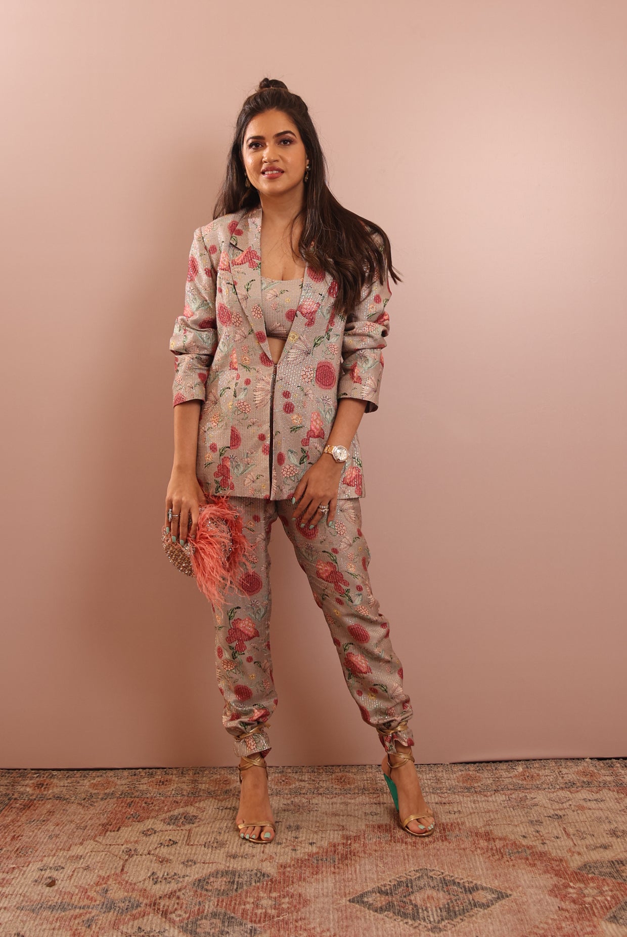 Grey Gulbagh Print Blazer With Bustier And Pant