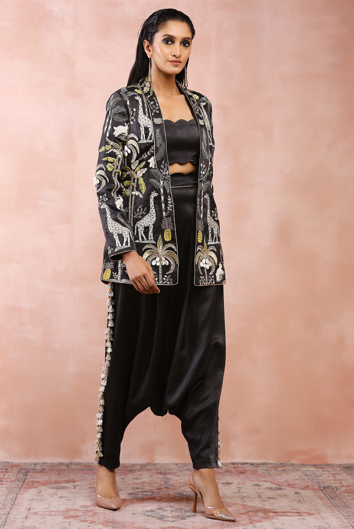 Black Embroidered Jacket With Bustier And Low Crotch Pant