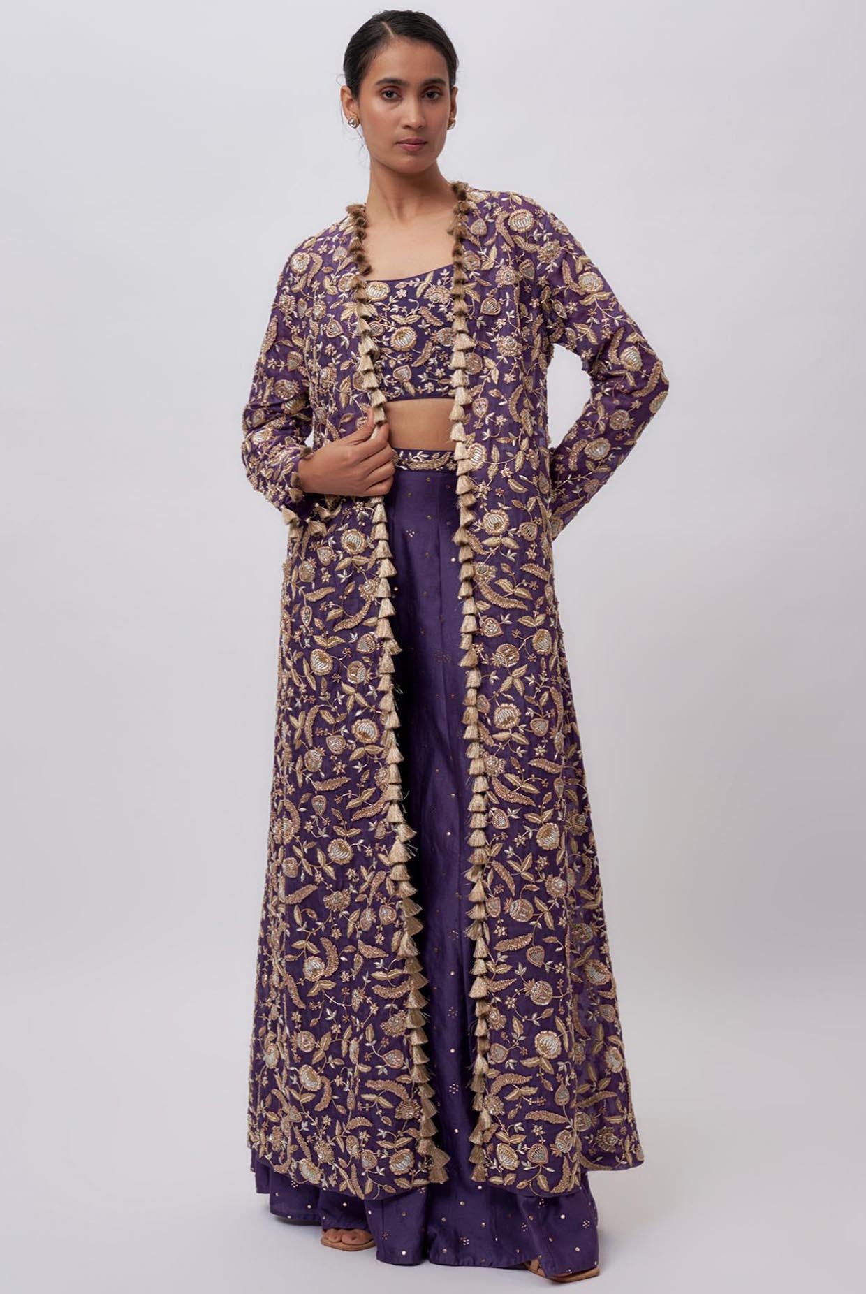 Purple Georgette Embroidered Choli And Mukaish Silkmul Sharara With Organza Embroidered Jacket With Tassels.