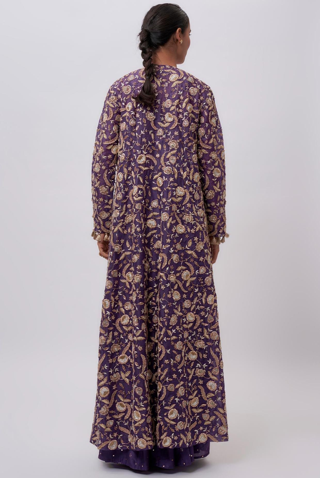Purple Georgette Embroidered Choli And Mukaish Silkmul Sharara With Organza Embroidered Jacket With Tassels.