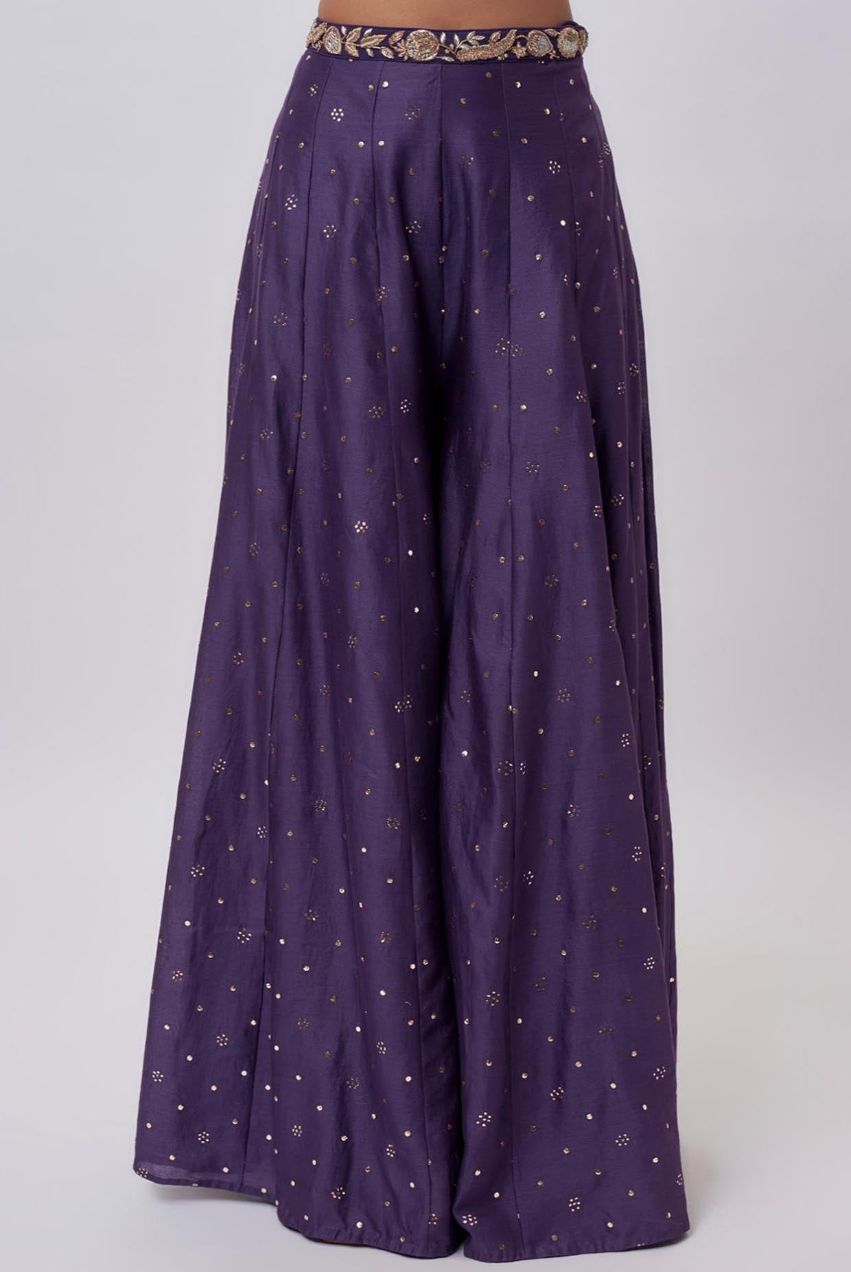 Purple Georgette Embroidered Choli And Mukaish Silkmul Sharara With Organza Embroidered Jacket With Tassels.