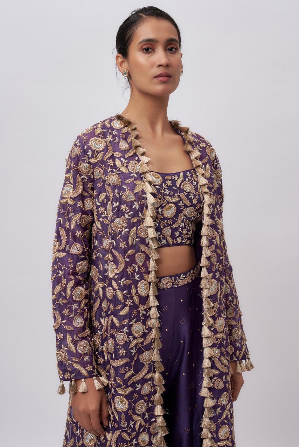 Purple Georgette Embroidered Choli And Mukaish Silkmul Sharara With Organza Embroidered Jacket With Tassels.