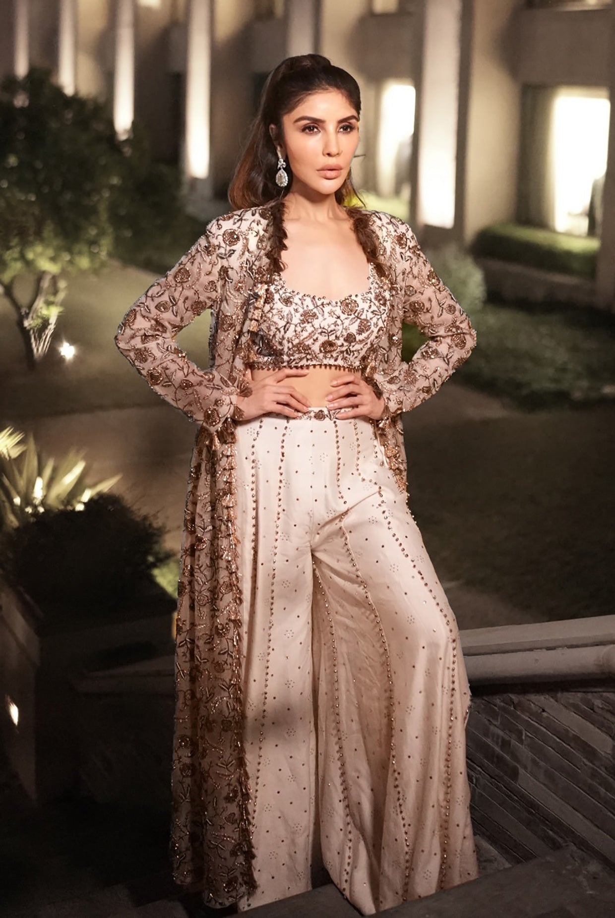 Off-White Georgette Embroidered Choli And Mukaish Silkmul Sharara With Organza Embroidered Jacket With Tassels.