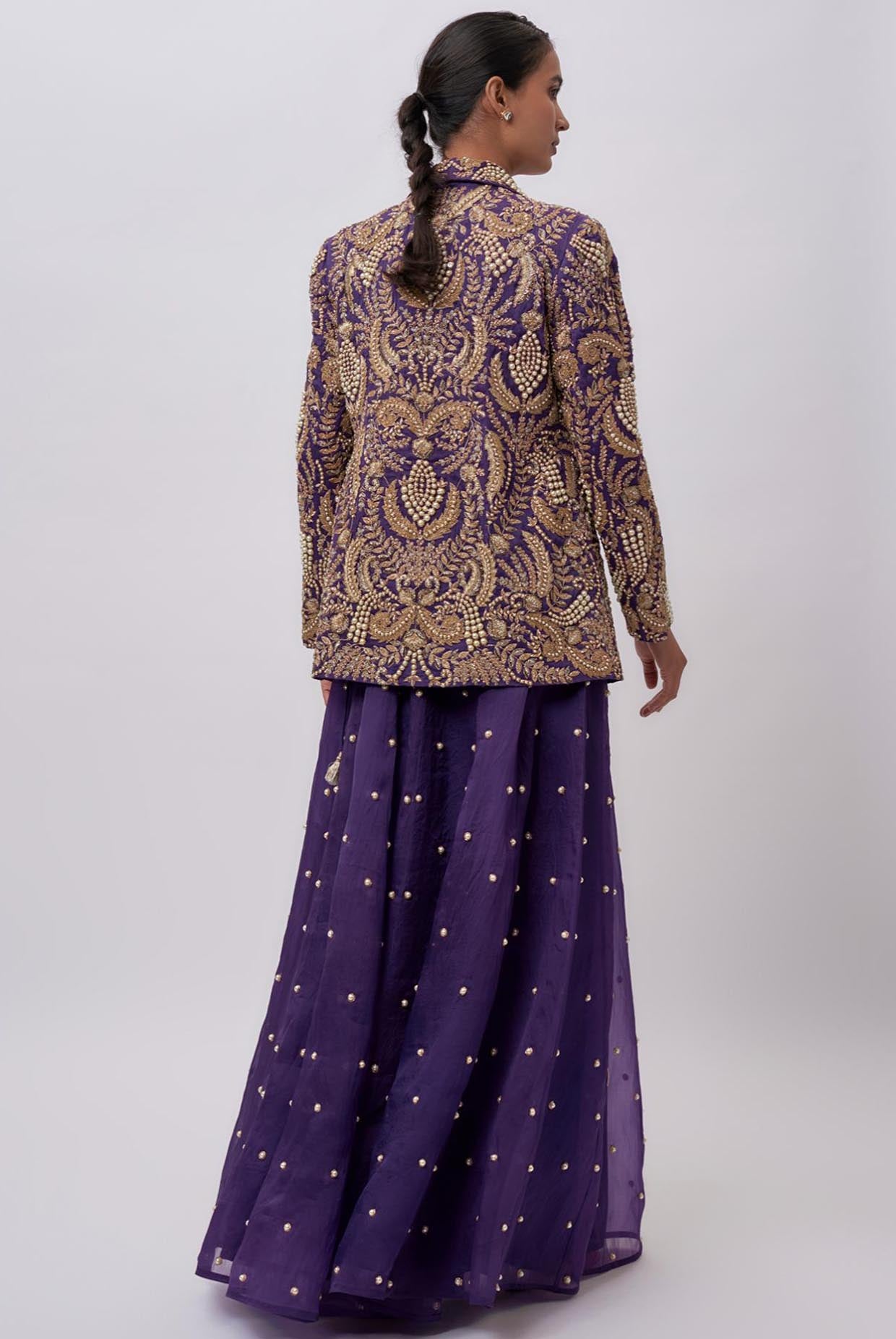 Purple Organza Embroidered Blazer With Embroidered Bustier And Sharara.